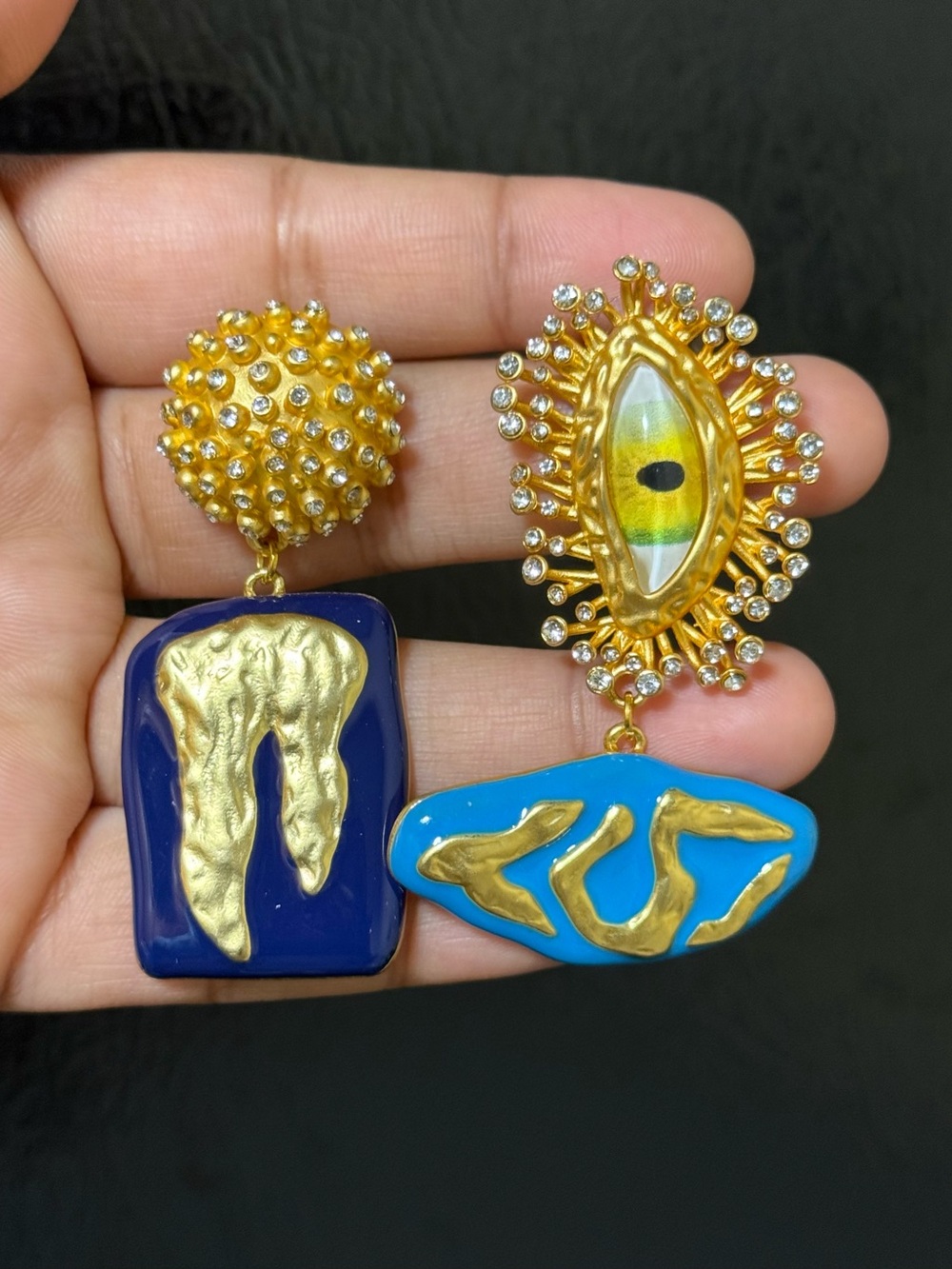 Schiaparelli Inspired Gold Accent Blue & Navy Asymmetric Statement Earrings